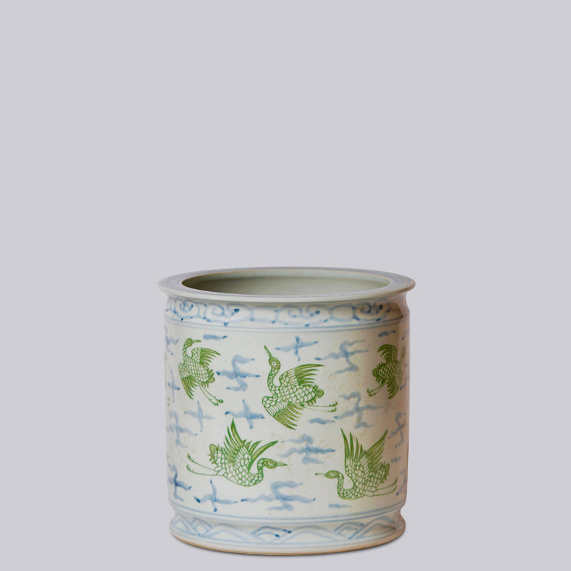 Cranes & Clouds Green Blue Porcelain Cachepot