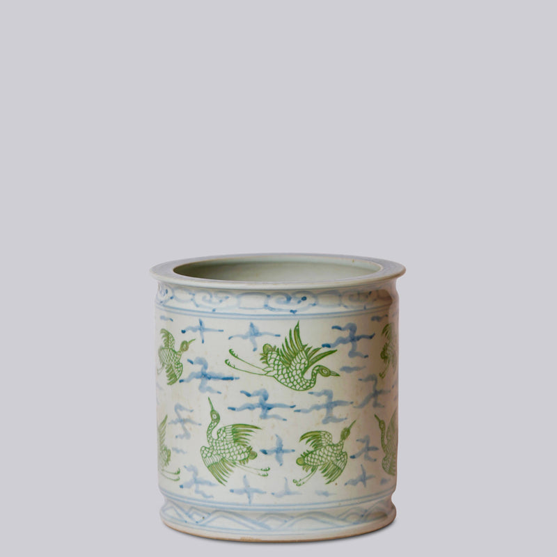 Cranes & Clouds Green Blue Porcelain Cachepot